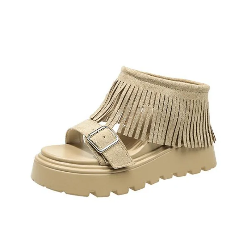 Sandalias de Plataforma con Flecos para Mujer, Estilo Boho 2026, con Borlas, Punta Abierta, Suela Gruesa de 5CM, Casuales, para Playa, Verano