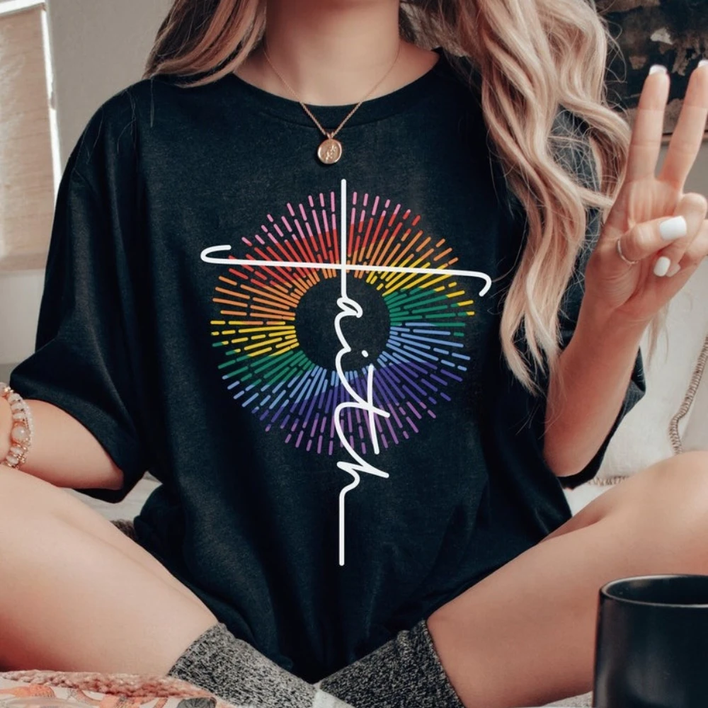 Gay Pride Faith Shirt LGBTQ Christian TShirt Religious Gift Clothing Queer Christian Cross T-Shirt Rainbow Graphic Tee Women Top