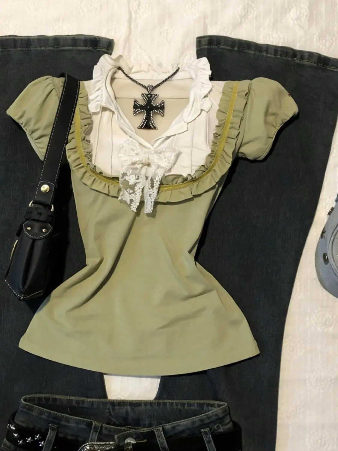 American retro girlie y2k versatile green lace bow ear cuff sleeveless top stretch fabric and patch design trendy fashion trend