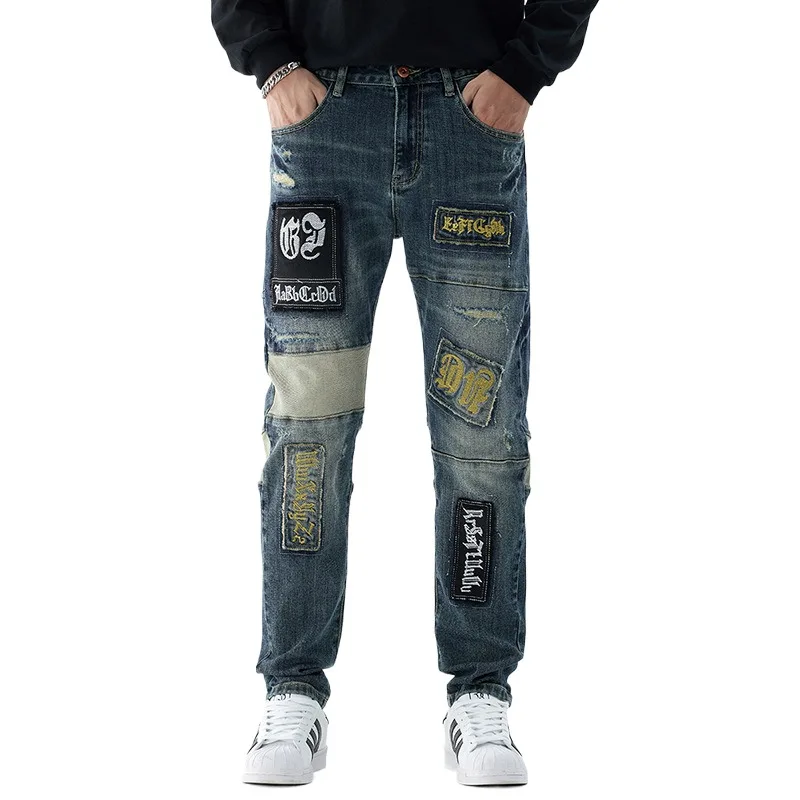 Men's Fashion High Street Hip Hop Jeans Pants With Patchwork Slim Fit Vintage Patched Denim Trousers Motorcycle Biker Bottoms