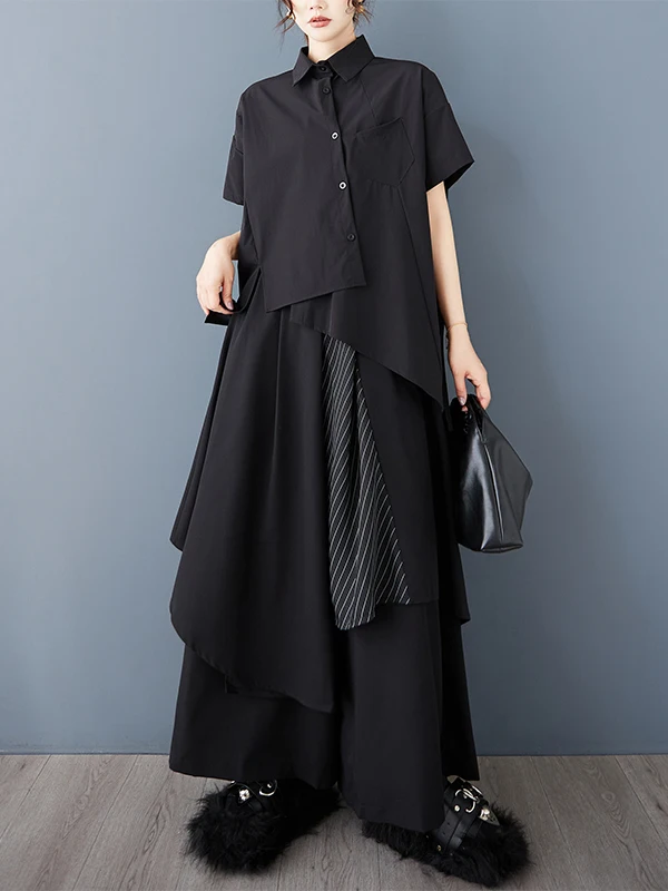 

k Bla Irregular Women's irt Summer 2025 Loose Casual Versatile Top Faion Design Loose Fit ort Sve Collar