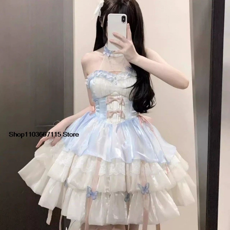 

Vintage Victorian Lolita Princess Mini Dress Women Gothic Y2k Bow Lace Ruffles Sleeveless Party Dresses Girl Sweet Elegant Dress