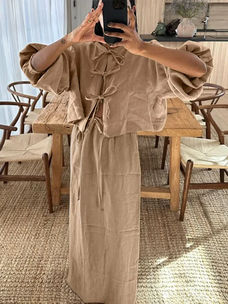 

New Women Fashion Brown Cotton Linen Maxi Skirt Set Casual Loose Lace Up Long Lantern Sleeve O-neck Tops Suit Female 2025 Outfit