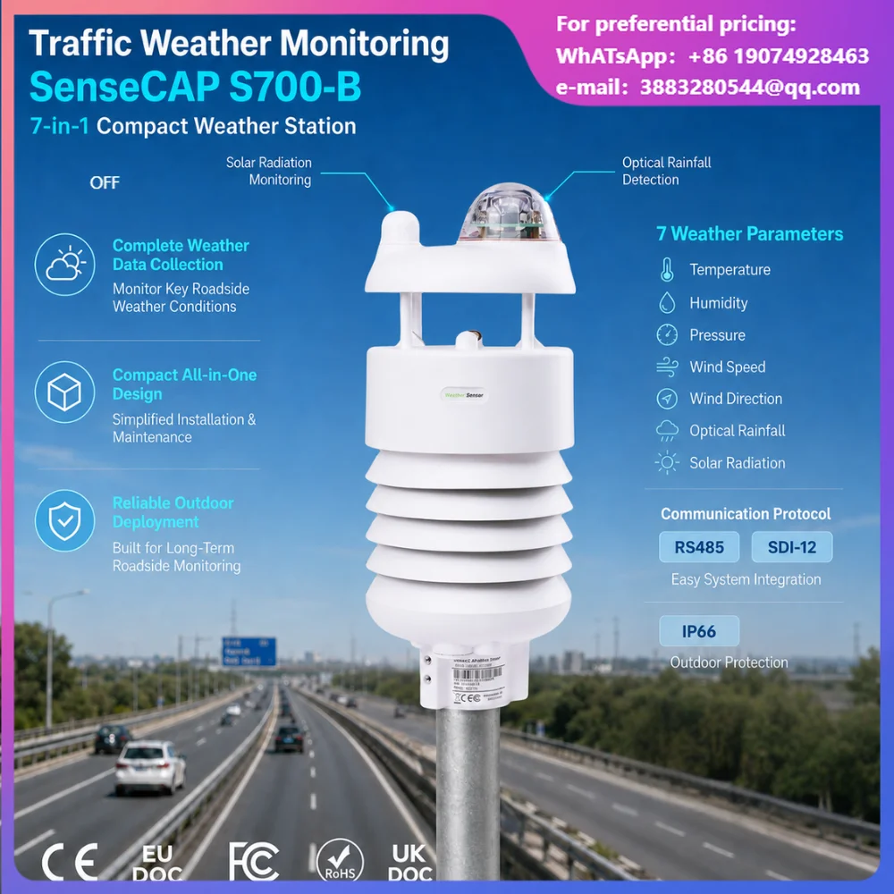 SenseCAP S700-B 7-in-1 Compact Traffic Weather Station RS485 Modbus SDI-12 For Highway And Roadside Weather Monitoring