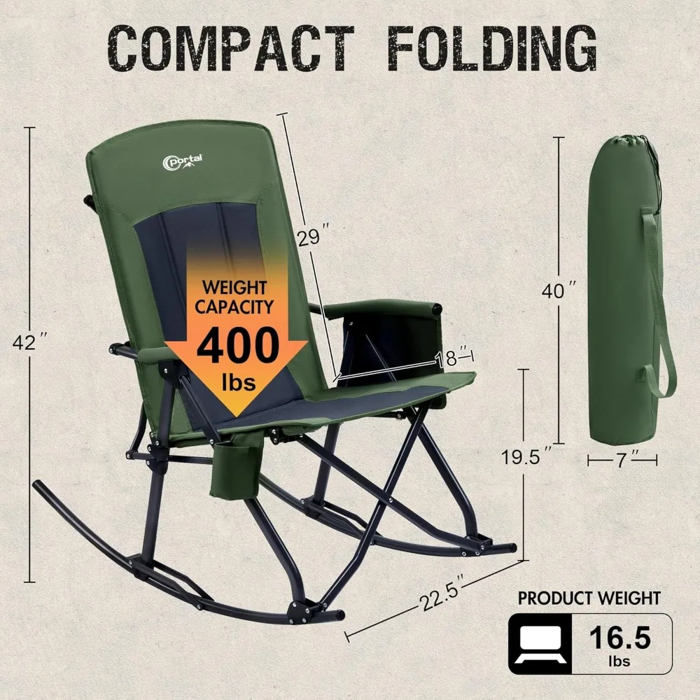 كرسي تخييم هزاز قابل للطي في الهواء الطلق، دعم عالي الظهر مع مساند للذراعين وحقيبة حمل، سعة 400 رطل، صخرة مريحة #3