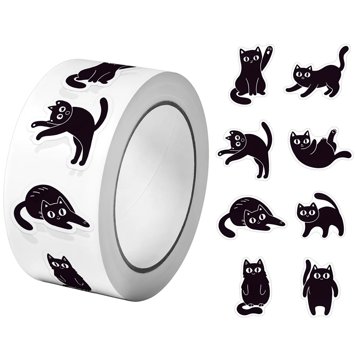 1Roll500Pcs Black Funning Cats Stickers 2.5cm/1.0'' 16 Designs Decals Diy Adorn Gifts Suitable for Various Packaging Home Dector