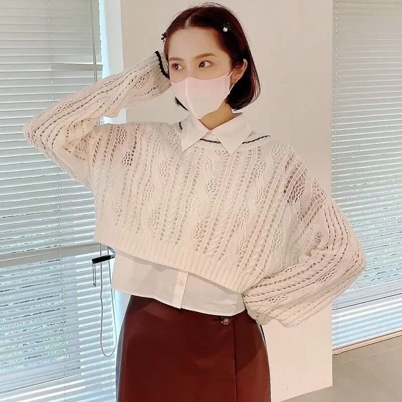 Wakuta Sleeveless Lapel Single Breasted Solid Shirt O Neck Long Sleeve Hollow Out Knit Short Pulls Femme Sweaters 2pcs Set