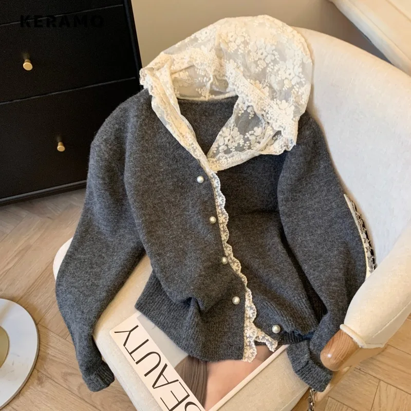 Vrouwen Luxe Zoete Capuchon Gebreide Vesten Met Lange Mouwen 2024 Winter Mode Casual Kant Patchwork Enkele Breasted Elegante Trui