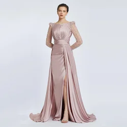 Elegant Mother of the Bride Dresses Pink Satin Beaded Luxury Wedding Guest Gowns for Women Long Sleeves Modest Evening Dress