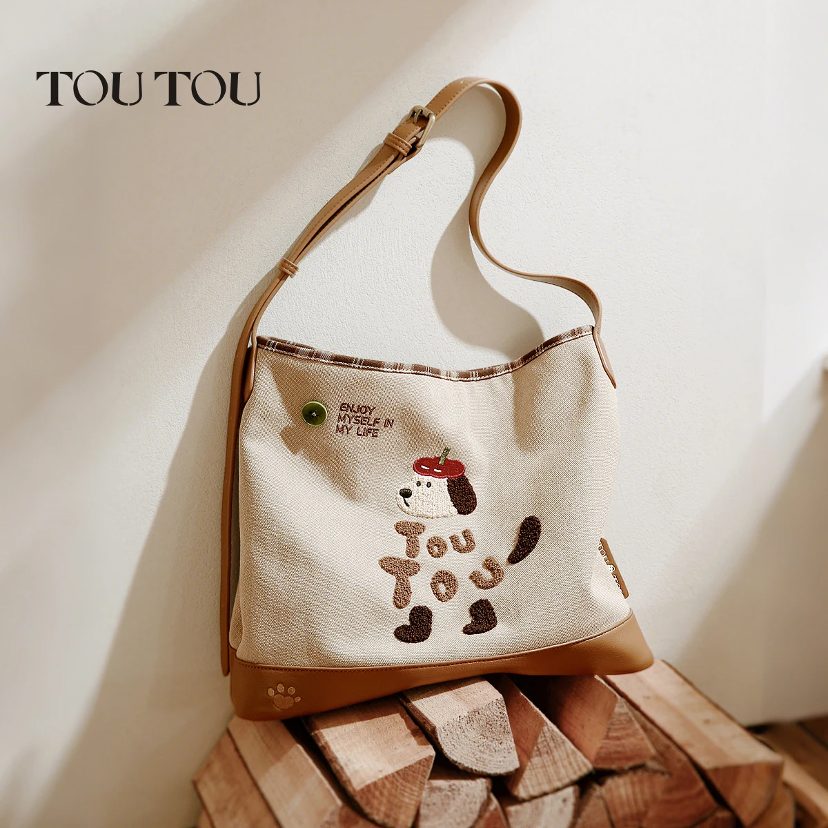 

TOUTOU Cute Dog Embroidered Canvas Tote Bag - Fabric, Adjustable Strap, Fits 13" Laptop, Ideal for Shopping, Commuting & Travel