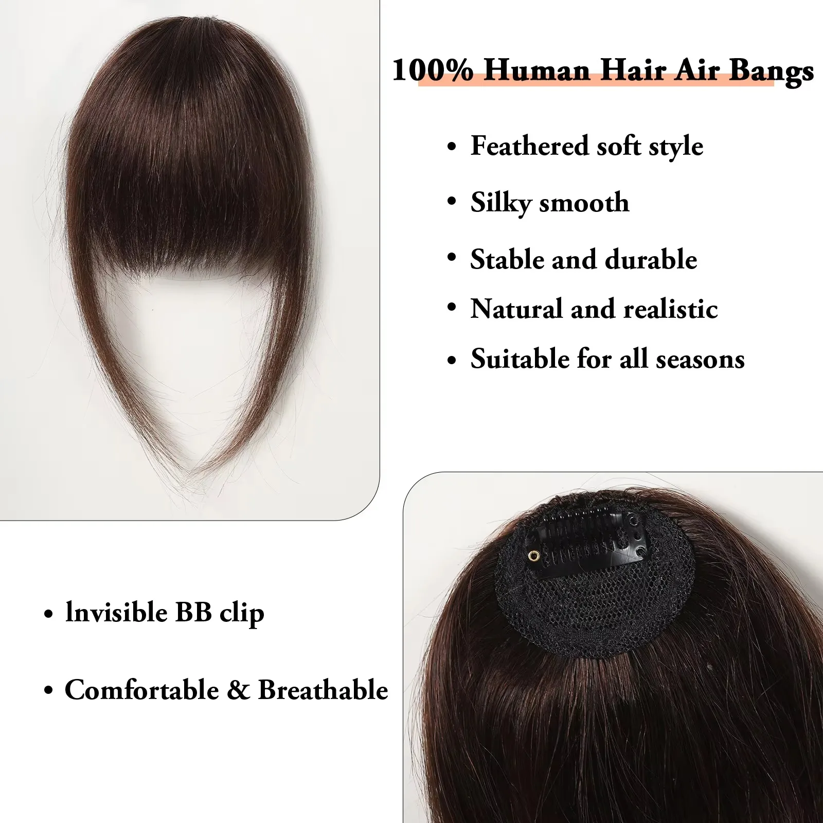 100 % Echthaar-Pony, natürliches Braun, Wispy Bang Haarspange in Pony, Fransen mit Bügeln, Haarteil für Frauen, Clip on Air Bang 4,5 Zoll