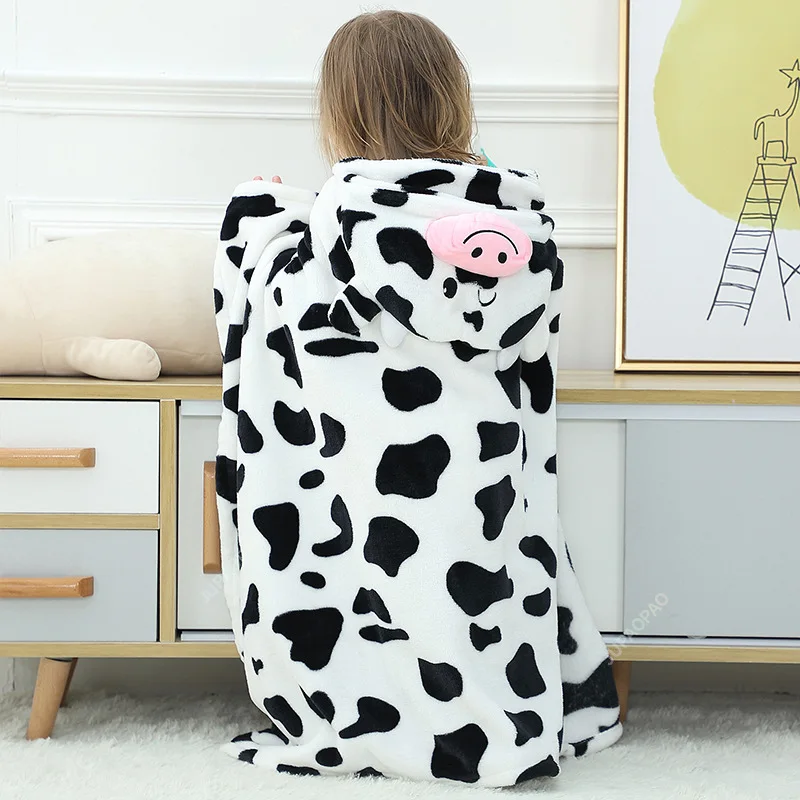 New Cute Cartoon Milk Cow Baby Blanket Coral Plush Hooded Bath Towel New Breathable Spring Baby Newborn Swaddle Baby Scarf