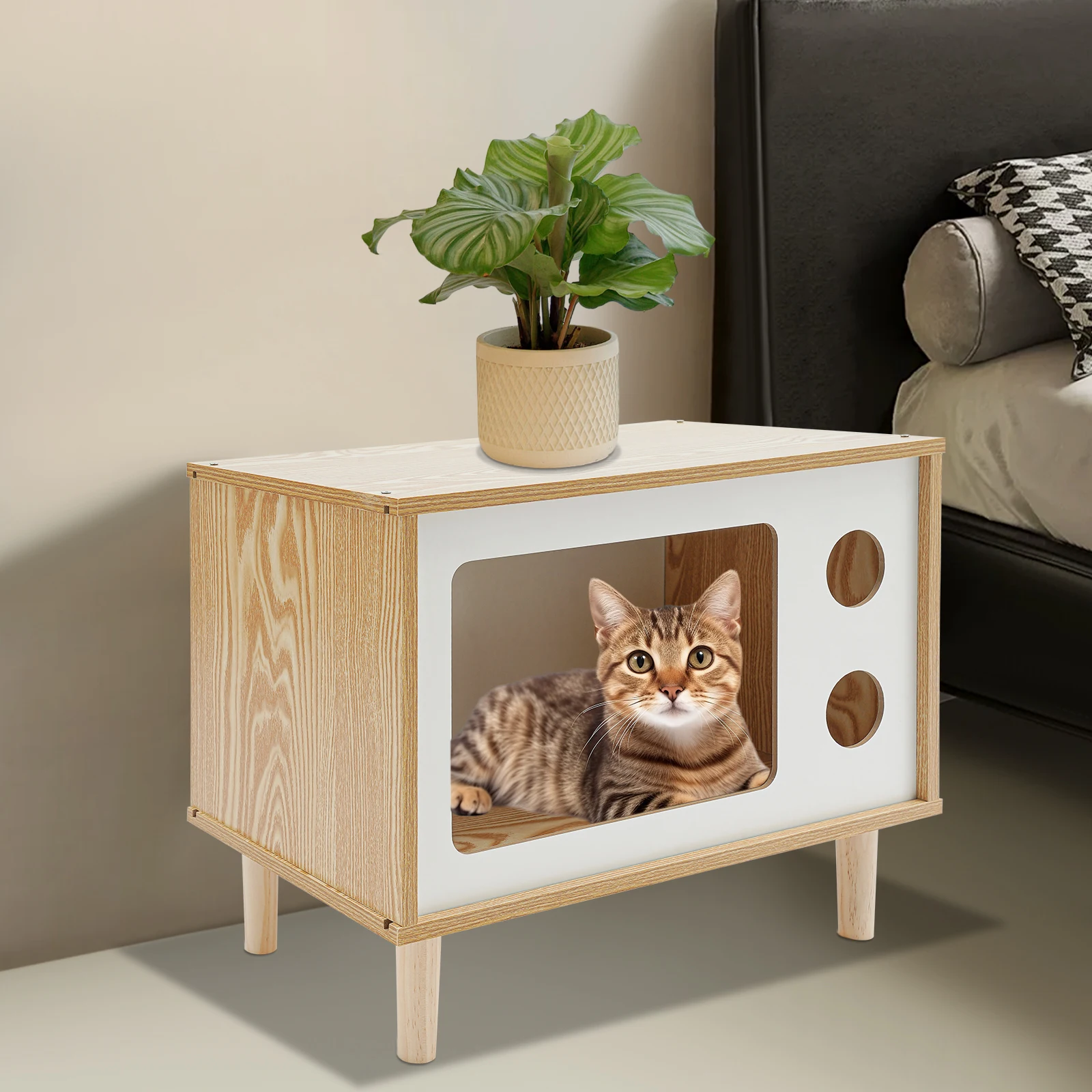 

Телевизионный кошачий домик с грузоподъемностью 165 фунтов, двумя окнами для просмотра и ножками из массива дерева, многофункциональная кровать для кошек в помещении и боковой вкладкой