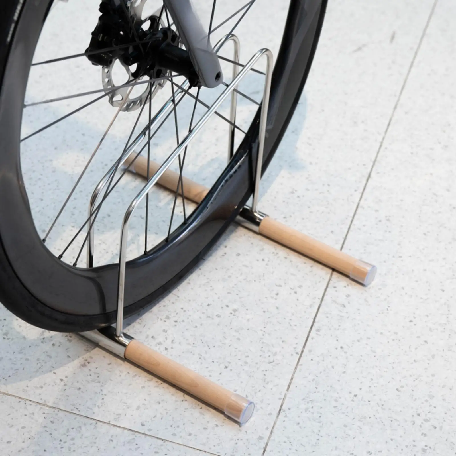 Bicycle Parking Stand Solid Wood Base Stainless Steel Upright Storage Stand Shielded Feet for Living Rooms and Hallways