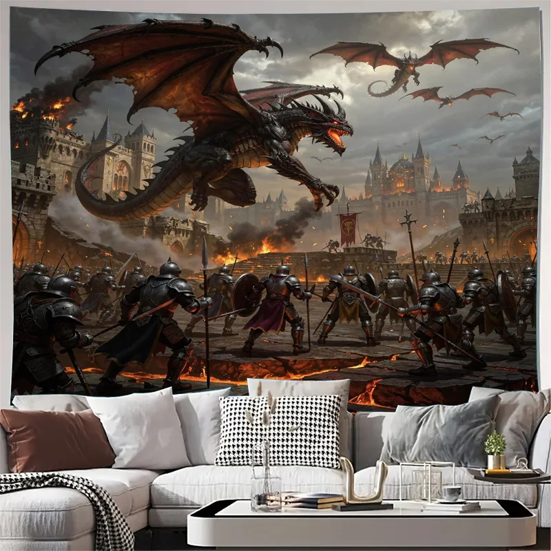 Tapisserie murale fantaisie bataille de dragons épique, chevaliers, mythologie médiévale, décoration, fond artistique, impression, décoration intérieure