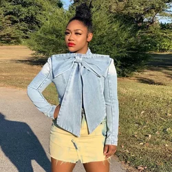 Denim Coat Women Bow Slim Fit Coats Elegant Blouse Sexy Casual Splice Y2k Tops Elegant Jackets Tops Work Blue Streetwear