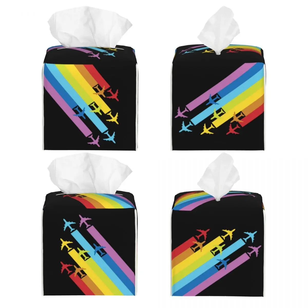 Custom Rainbow Airplanes Chemtrails Tissue Box Cover PU Leather Square Aviation Fighter Pilot Facial Tissues Holder for Home