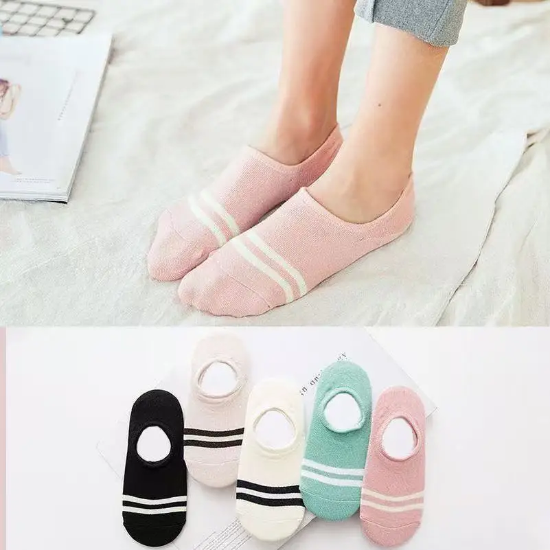 

Women Polyester No Show Socks Double Striped Non Slip Silicone Low Cut Breathable Boat Socks Multicolor Summer Daily Foot Liner