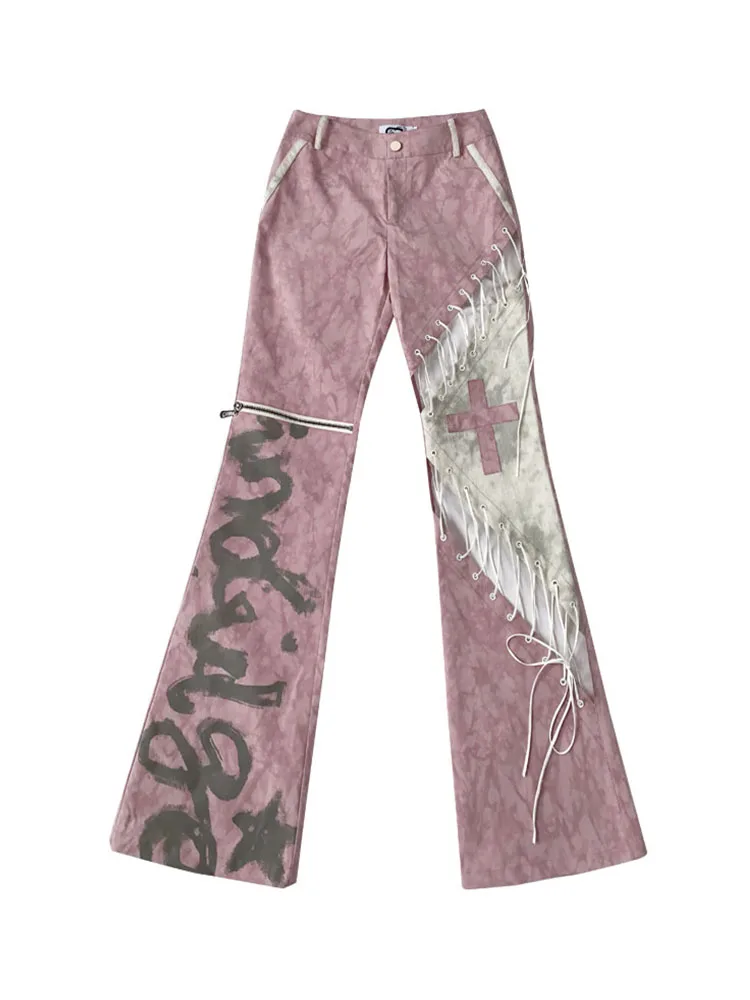 Sweet Lace-up Hollow Gray Plaid Fashion Slim Trousers Spring Summer Street Girl Low Waist Versatile Age-reducing Street Pants