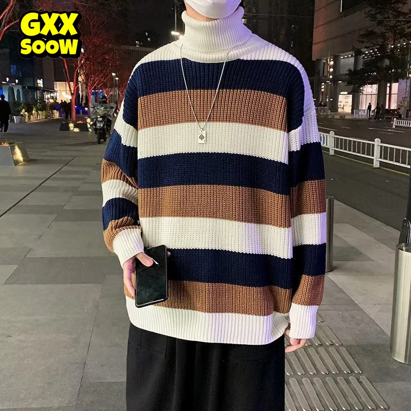 

Men Turtleneck Sweater Striped Knitted Sweater Coats Hip Hop Streetwear Male Retro Pullover Loose Knitwear