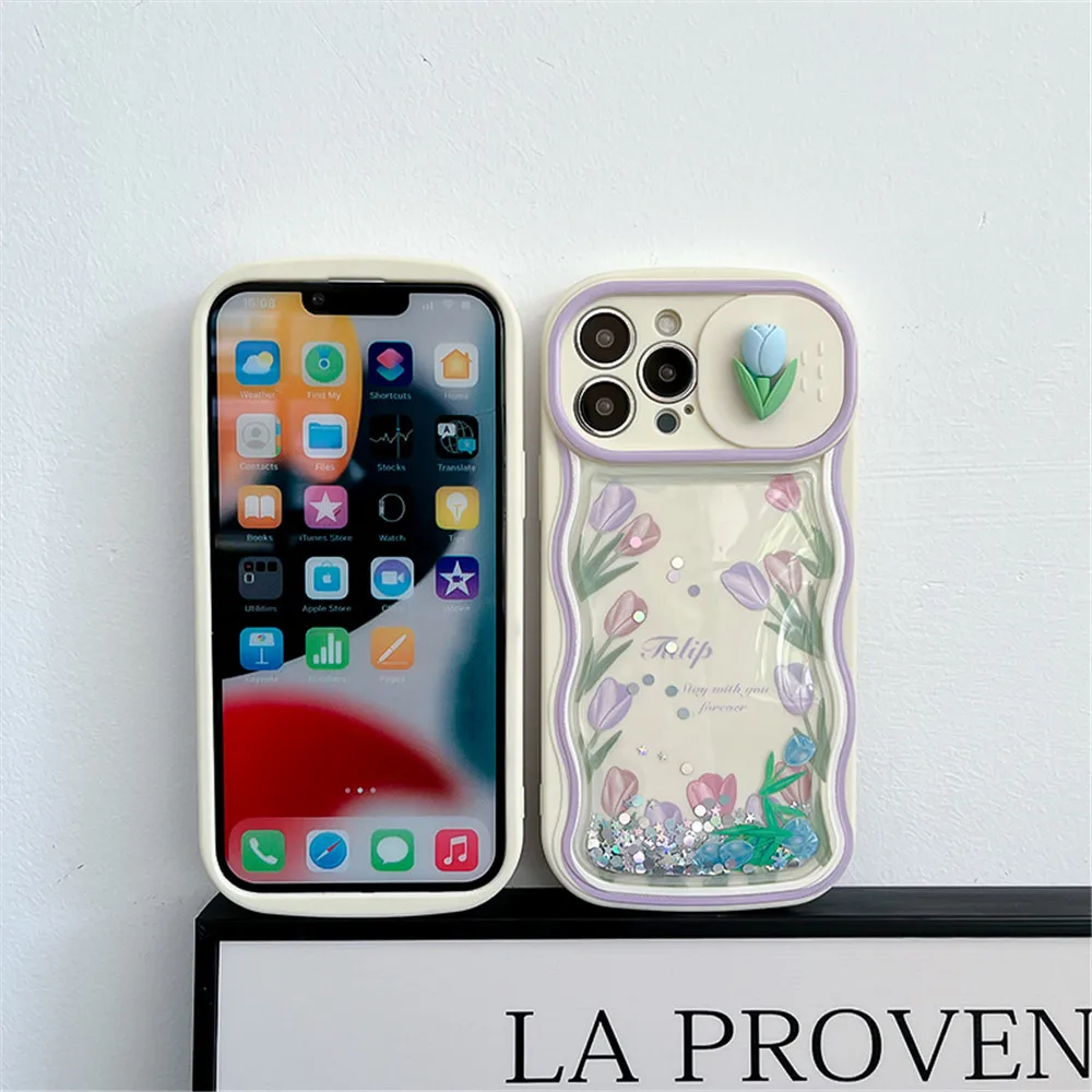 Liquidsand bonito tulipa push janela lente slide câmera protetor casos de telefone para iphone 14 14pro 11 12 13 pro max capas à prova de choque