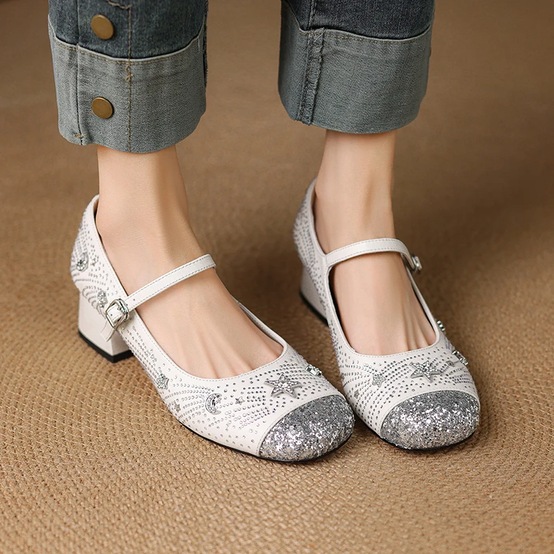 

Genuine Leather Womens Mary Janes Shiny Imitation diamond Round Toe Womens pumps fashion High Heels Womens Shoes