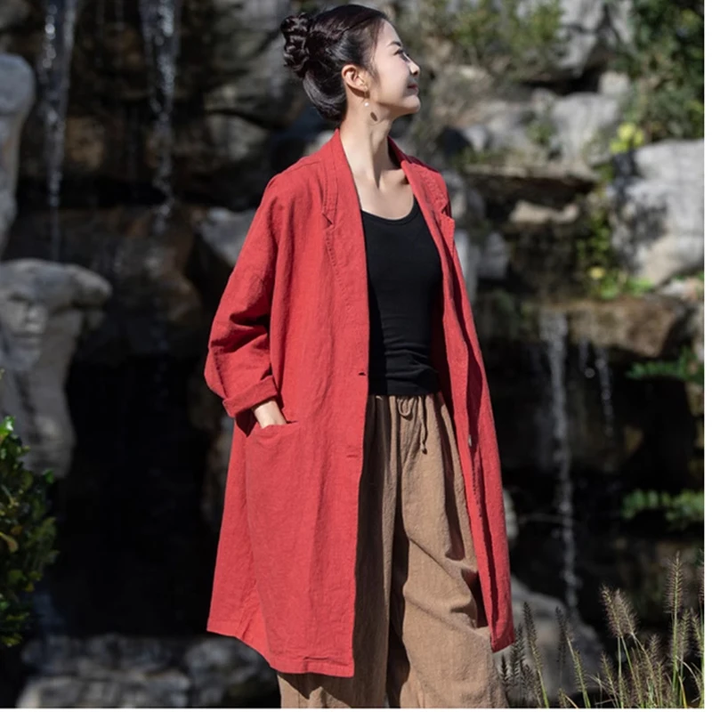 

SuperAen Vintage Suit for Women Spring and Autumn New Design Long Loose Oversized Solid Color Pockets Casual Coat