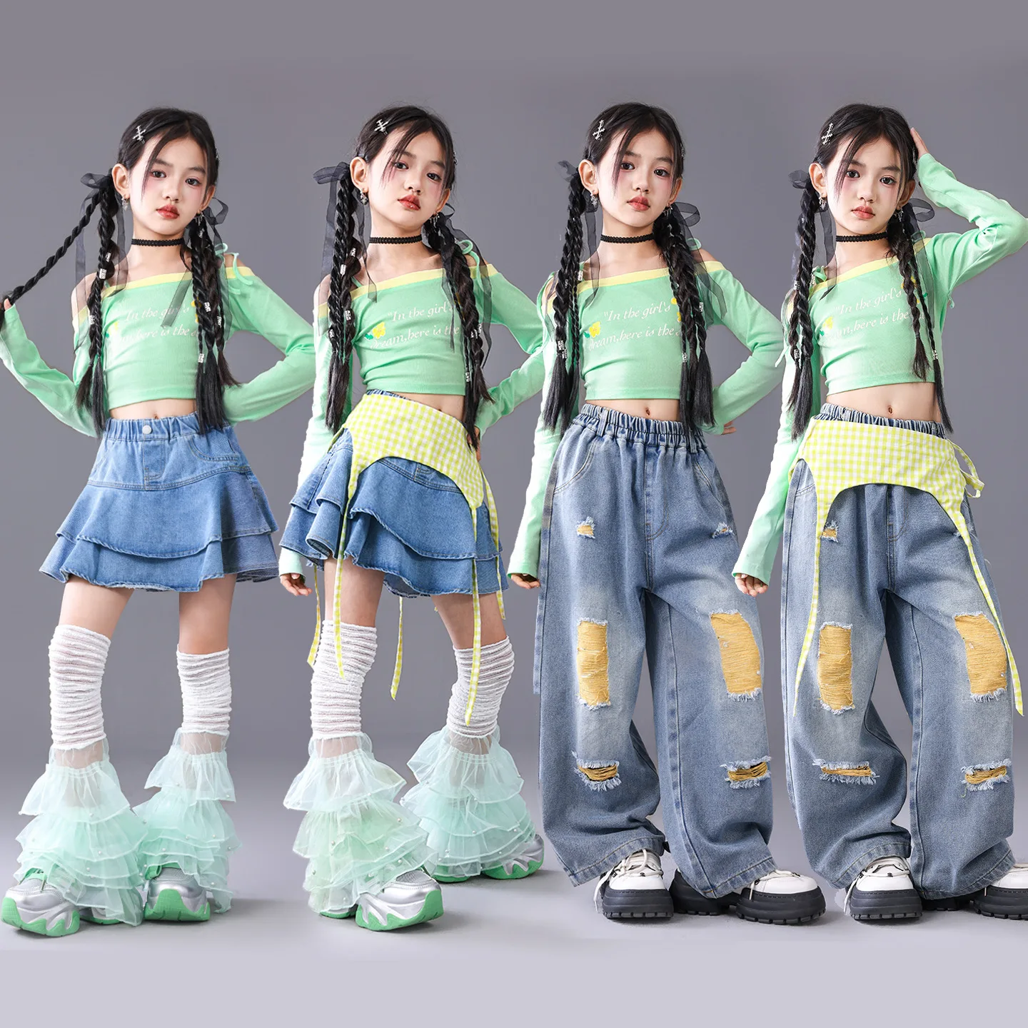 Girls Jazz Dance Clothes Kid Kpop Performance Wear Green Crop Top Denim Skirt School Show Stage Outfit Casual Streetwear