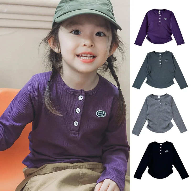 

Girls' Long-Sleeve Base Layer 2025 Fall New Arrival Fashionable Cute Crew Neck Kids' T-Shirt 100% Cotton Baby Slim-Fit Underwear