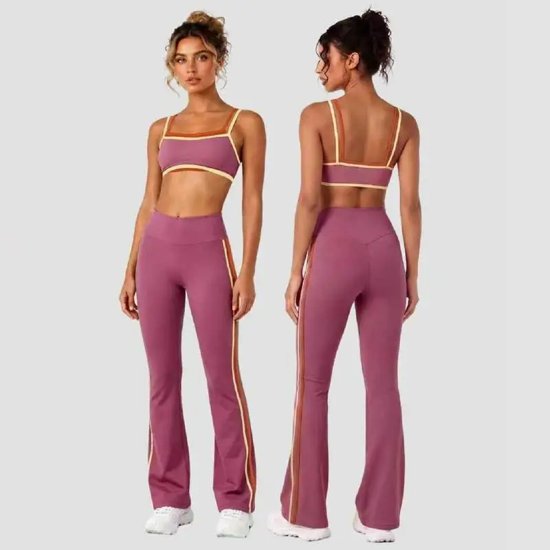 Color Block Contrast Trim Women Fitness Outfit Set Camisole Sports Bra High Elastic Flared Yoga Pants 2Pcs Sport SetSports Wear