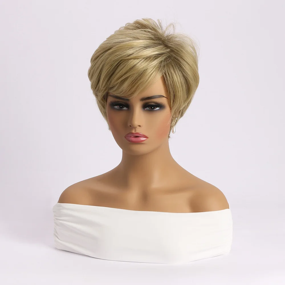 Short Pixie Cut Wig Blonde Synthetic Wigs with Side Bang Ombre Wig for Women Natural Curly Hair