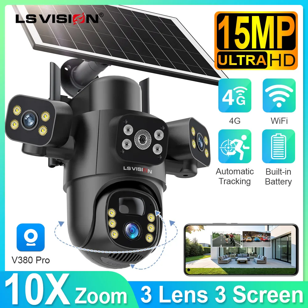 

LS VISION 15MP 4G Солнечная камера PTZ Открытый тройной объектив Трехэкран 10-кратный зум CCTV PIR Ночное видение Всепогодная камера V380 PRO
