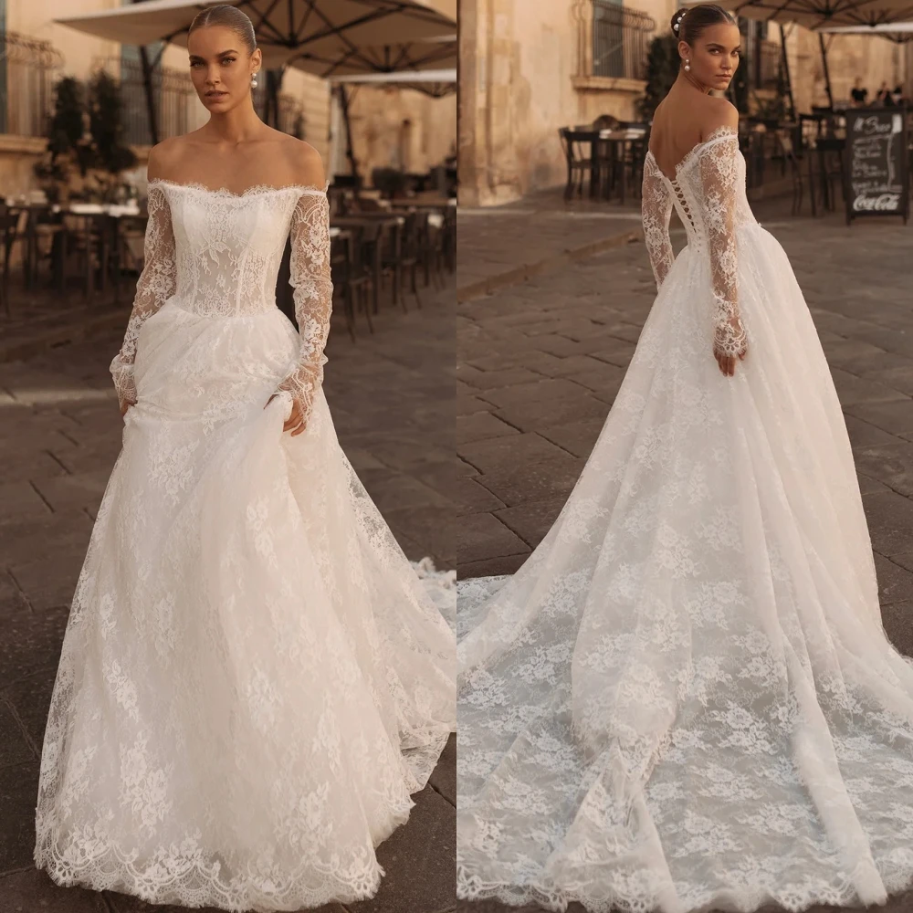

Customized Dreamy White Lace Wedding Dress Graceful Boat Neck Long Sleeves Bridal Gowns Soft A-Line Chapel Train Robe de mariée
