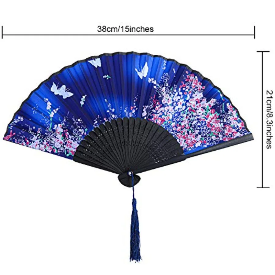 4-Piece Folding Fans, Silk Fabric, Handheld, Retro Design, Blue, Purple, Pink, 8.3