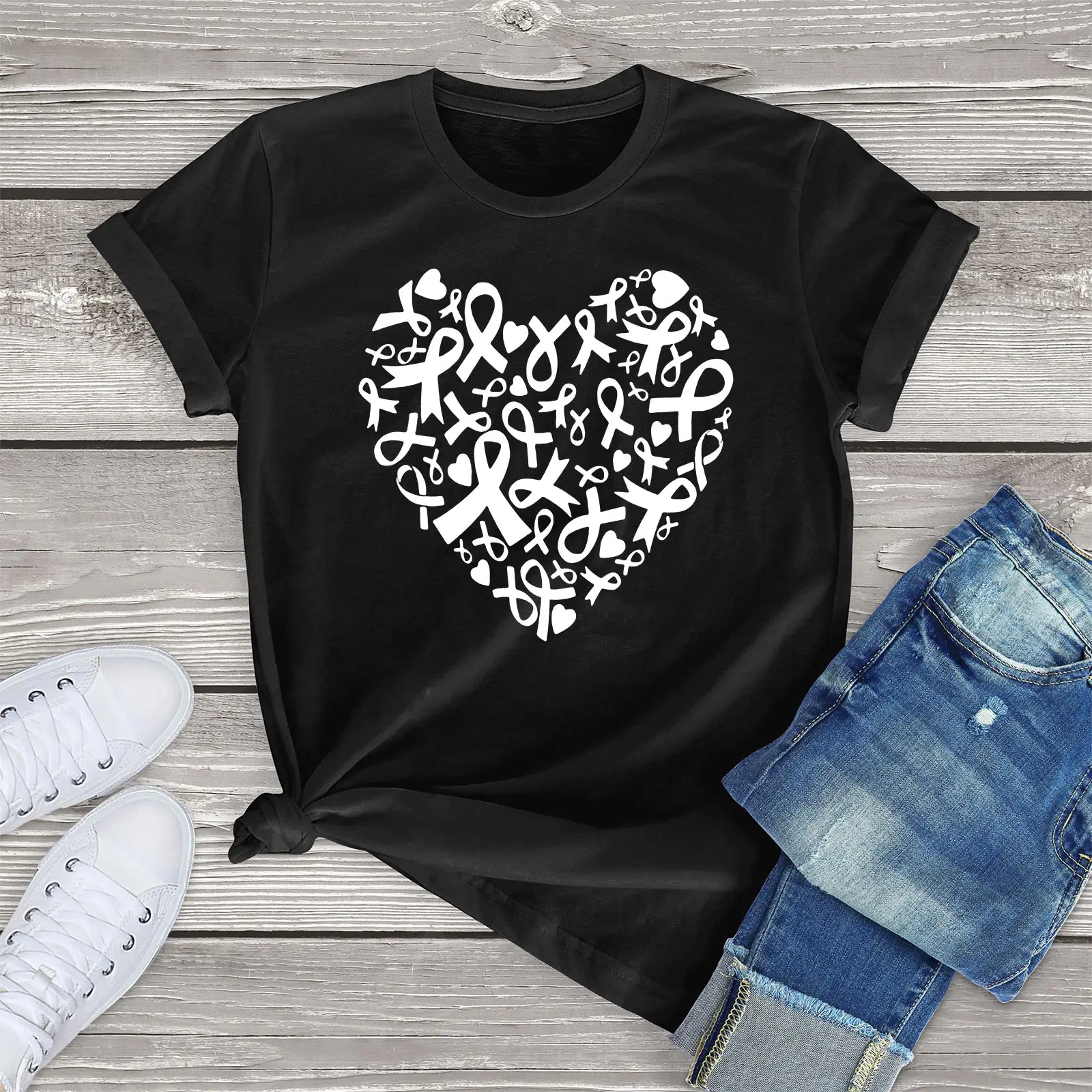 Women's Tee Love Heart Ribbon Printing Male and female Short Sleeve T-Shirt Casual Y2K Streetwear Clothing