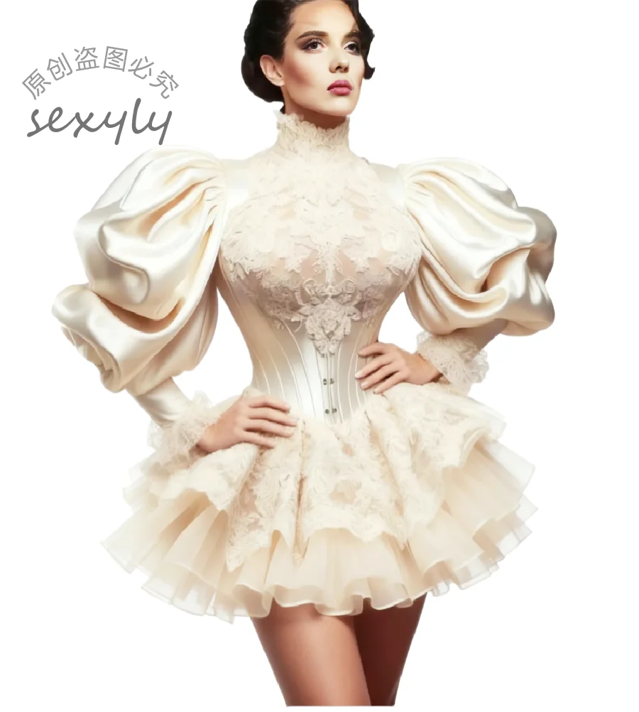 

Сексуальное легкое короткое вечернее платье цвета шампанского с пышными рукавами, мини-костюм, платье для выпускного вечера, кружевное многоуровневое платье с оборками, коктейльное платье для дня рождения