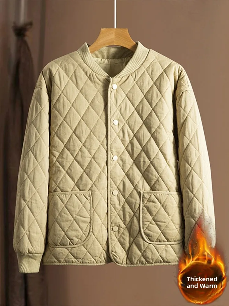 

Thiened Cotton Jaet Retro Diamond Pattern Stand Collar Women's Coat Warmth Enhanced Sandwich Cotton Brand Button Detail