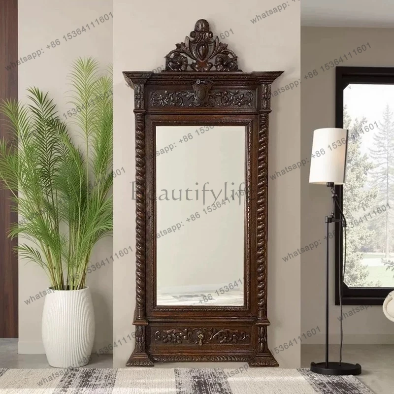 American retro carved large full-body mirror European luxury old floor mirror