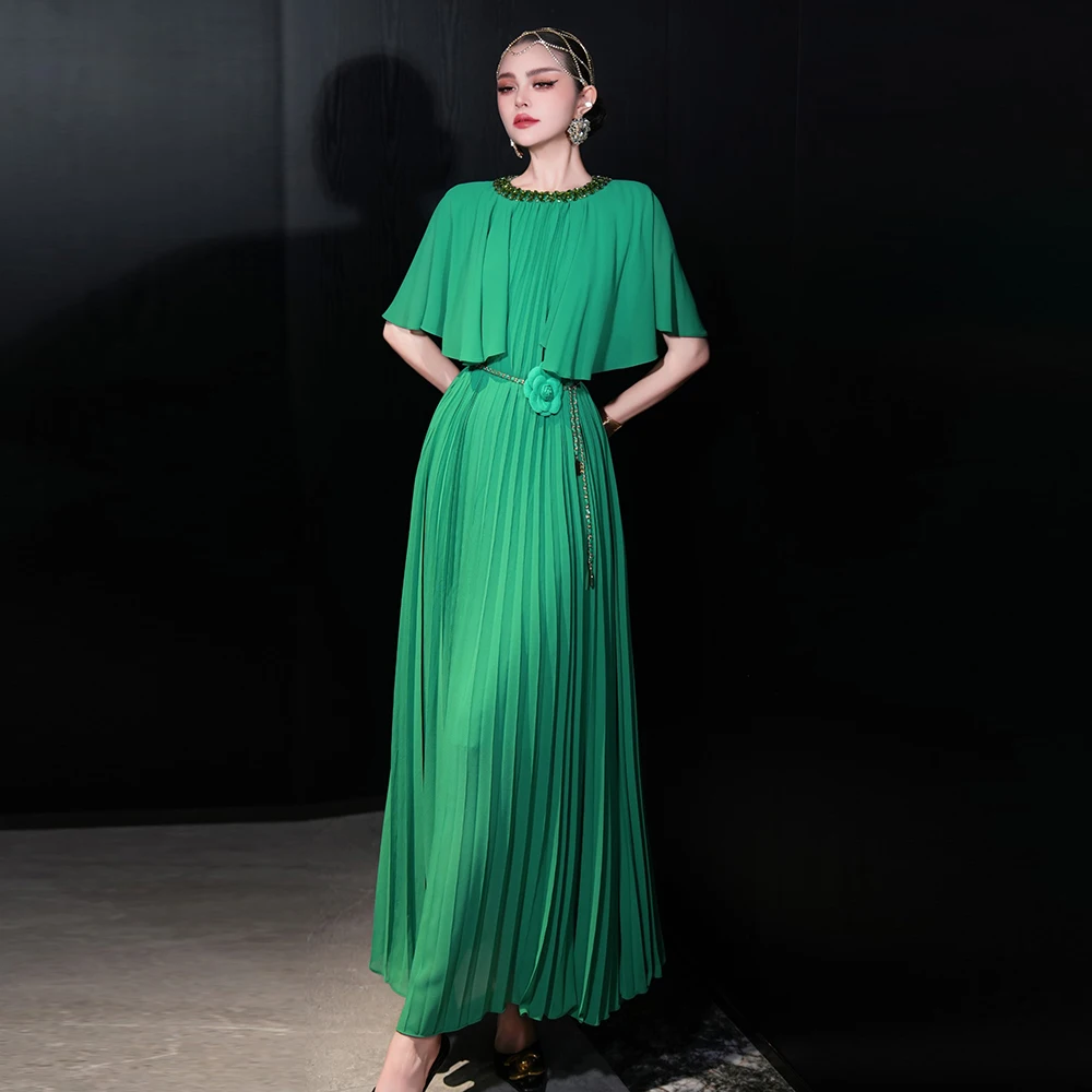 

ZJYT Elegant Luxury Diamonds Cloak Sleeves Pleated Long Maxi Dresses for Women Summer Designer Loose Waist Holiday Party Dress