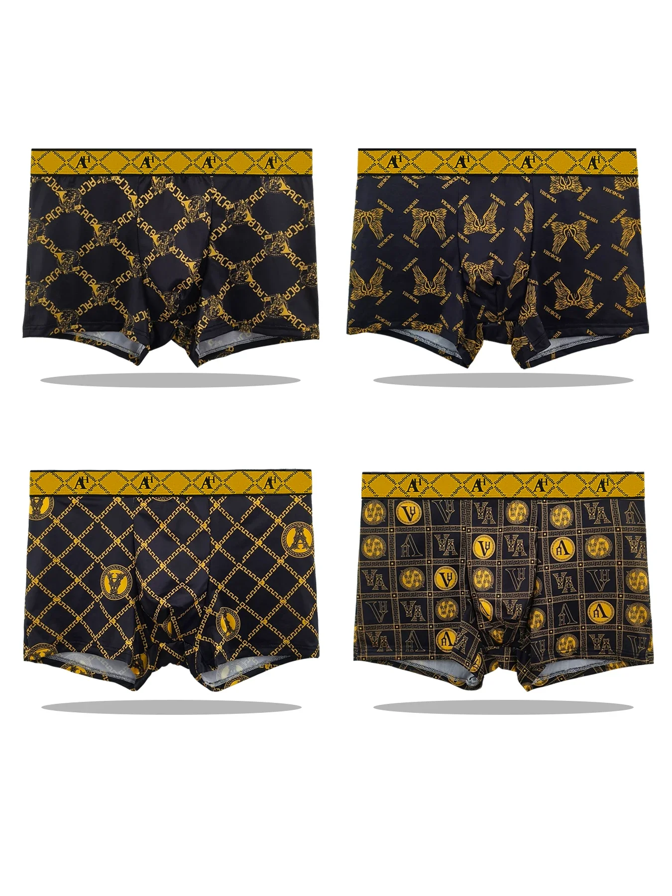 4PCS! Men's light luxury dark-patterned straight-leg underwear, black and gold contrasting color trendy four-corner pants