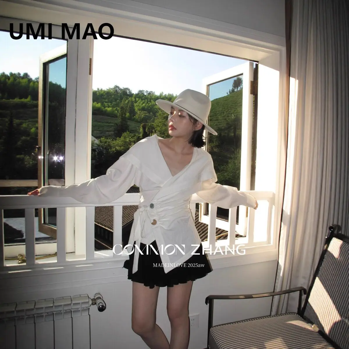 

UMI MAO Waist Cinched Top Autumn Korean Version Niche Navy Collar Cross Diagonal Buckle Lace Up Texture Versatile Small Shirt