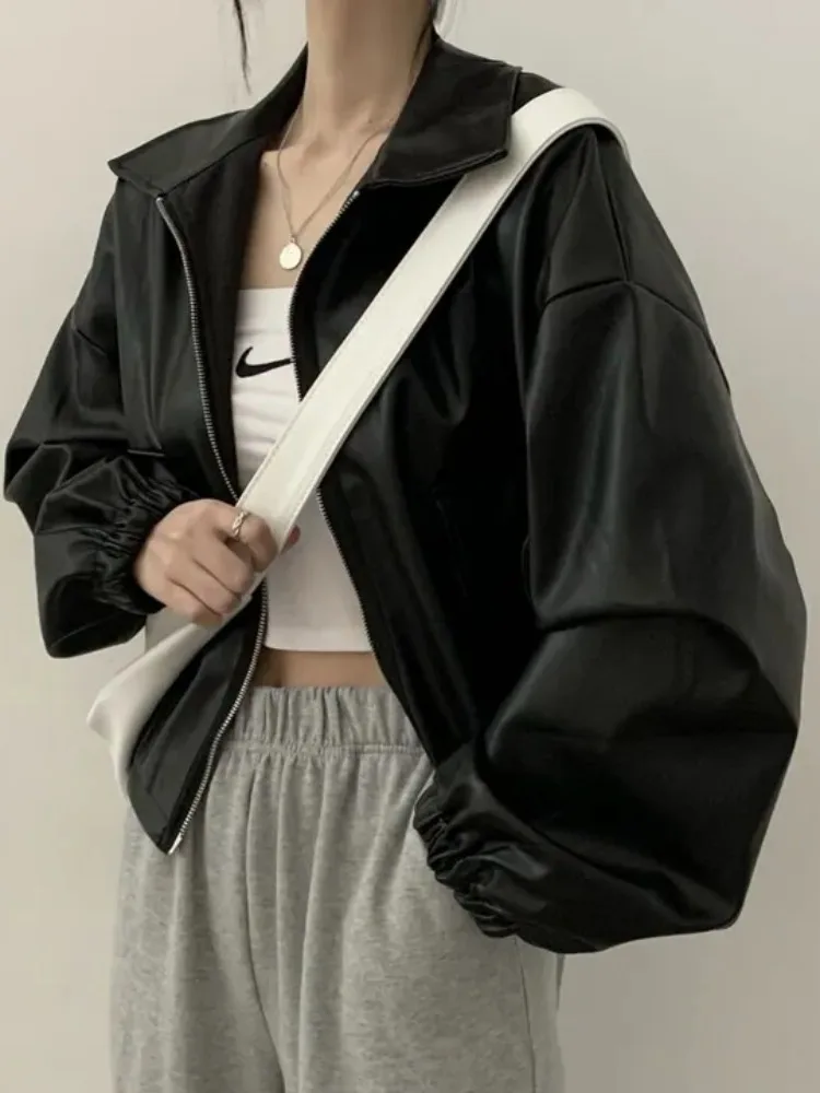 

Chic Autumn New Sle Women's Biker Jaet Double ket PU Leather Coat Dstring Outerwear Commute Faion Street Sle