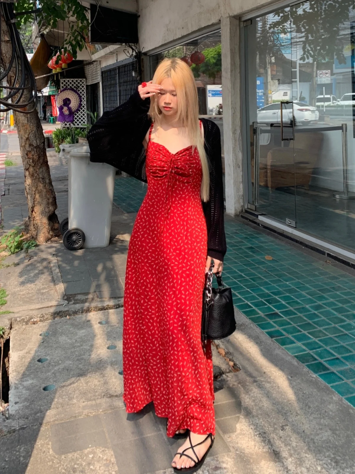 

Sweet plus Size Set Summer New Sunscreen Shawl Coat Design Sense Bow Wave Dot Halter Dress Korean Style Loose Fit High Waist