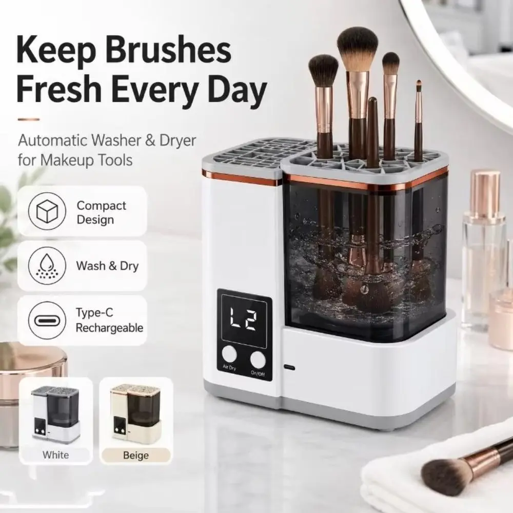 Image 4: Machine de nettoyage de pinceaux de maquillage portable, sécheuse électrique automatique pour pinceaux de maquillage, minuterie LCD, 2 modes de lavage, nettoyeur de pinceaux cosmétiques