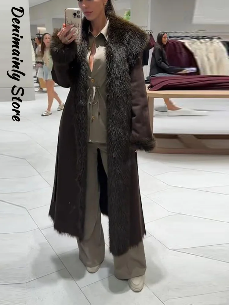 ファッションラグジュアリーフェイクファー付きロングトレンチコート レディース ベルト付き ラペル ストリート 暖かいオーバーコート 2025年冬 レディース 無地アウター 新作