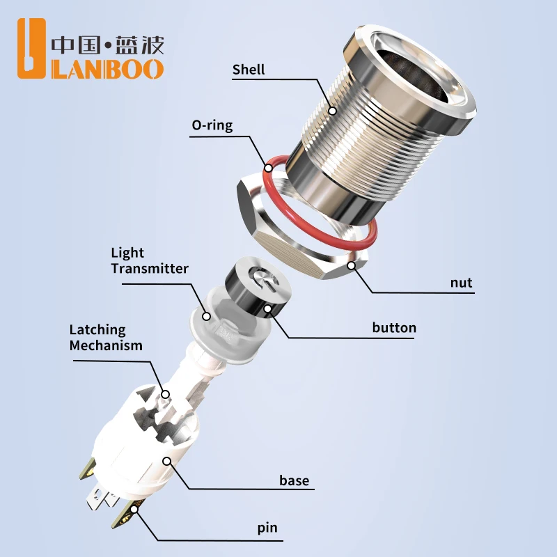 LANBOO 12mm High Current 7A 4 Pin Waterproof IP67 Latching/Momentary Micro Metal Push Button Switch with LED for 24V/220V Applic
