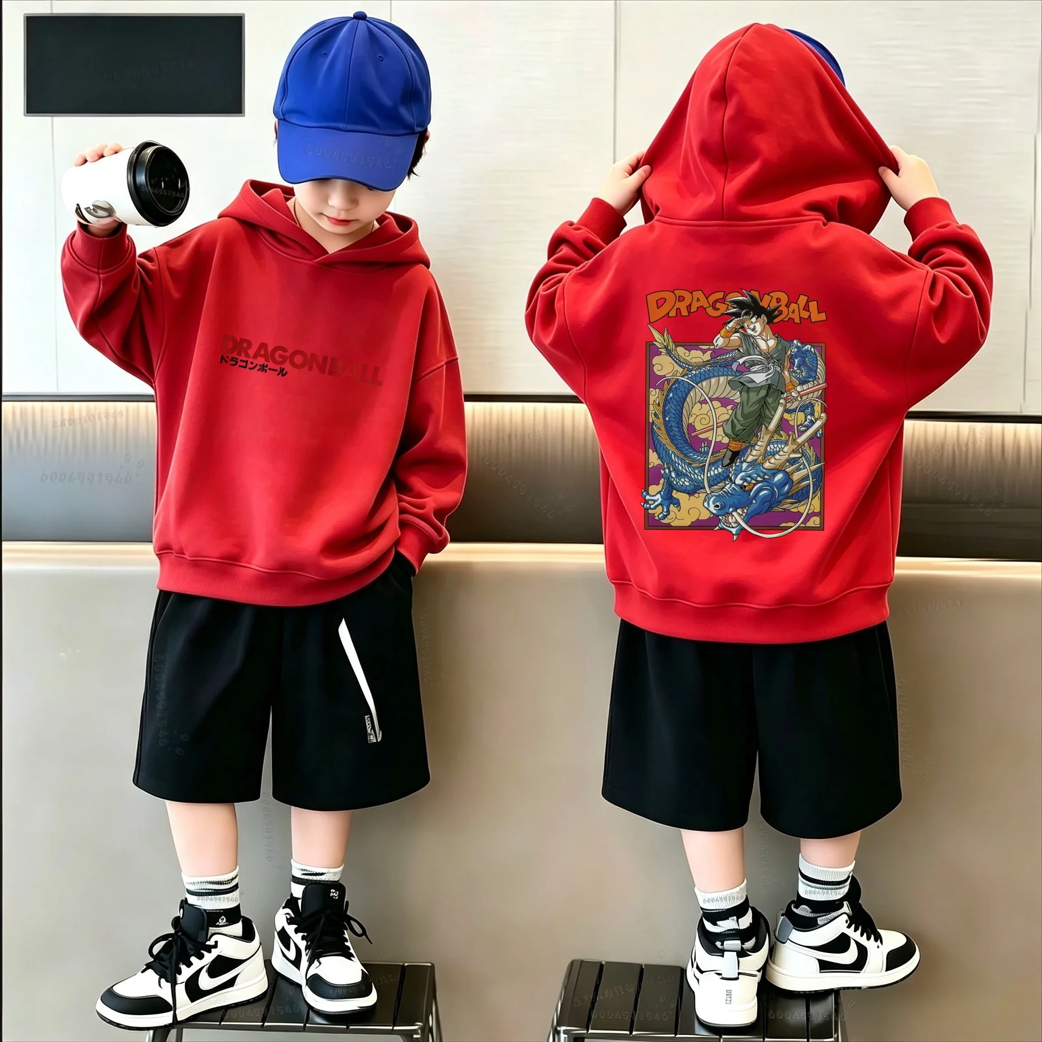 Kinder-Kapuzenpullover im Anime-Stil mit Dragon-Ball-Logo, großes Goku-Shenlong-Motiv, im Buchseiten-Design, bedruckter Kapuzenpullover. – Detail 4
