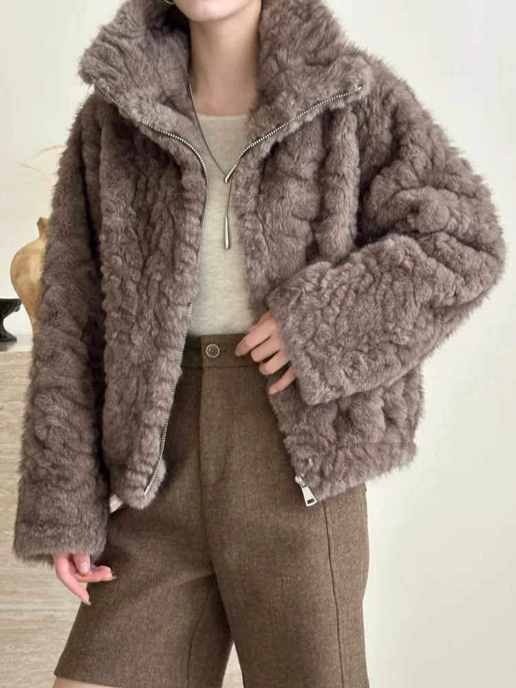 سترة نسائية دافئة من الفرو الصناعي من ZMEENNA معطف شتوي خارجي غير رسمي بياقة عالية وسحاب علوي تصميم فضفاض مناسب موضة ZM4545 #2