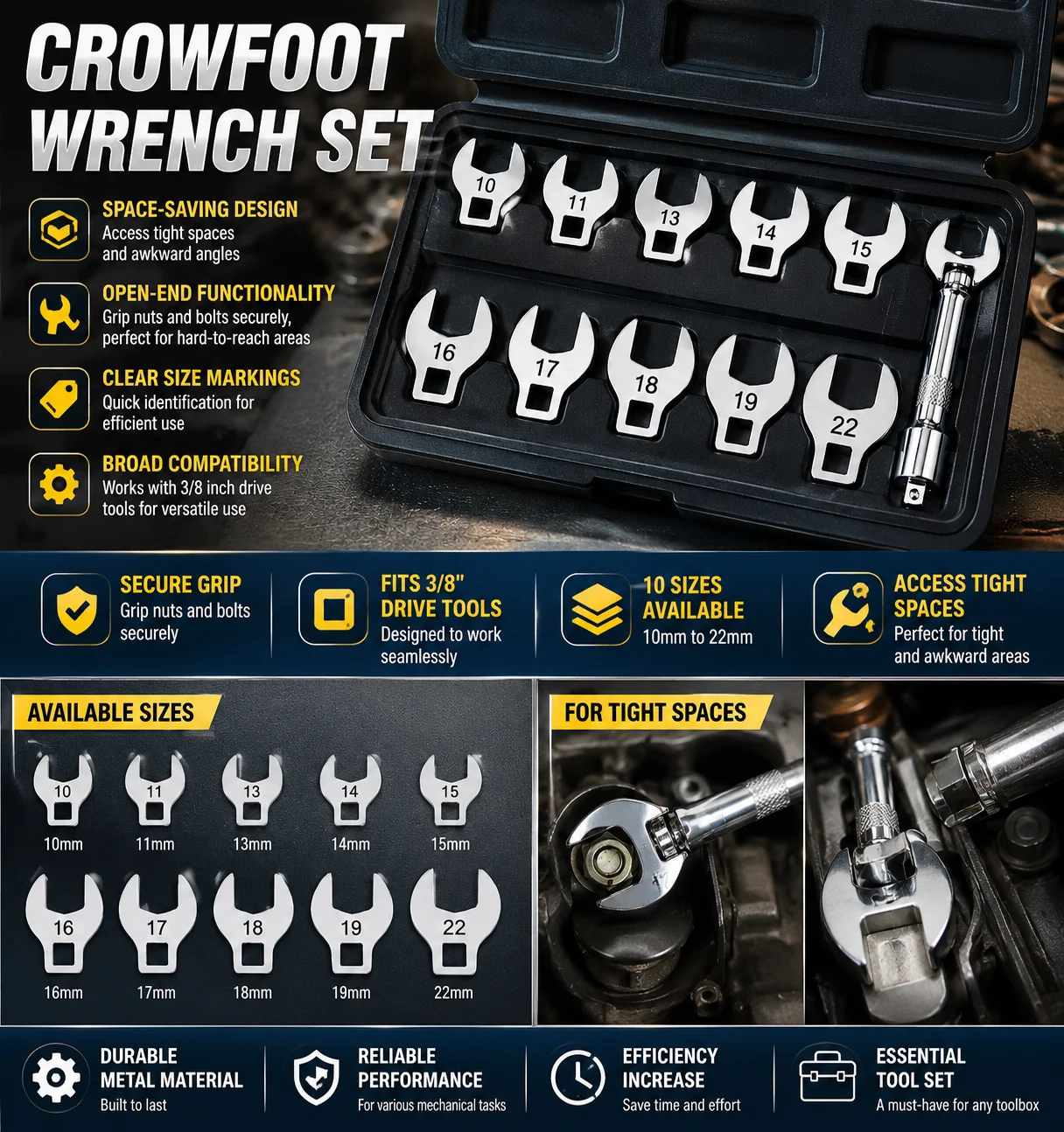 10-piece 3/8-inch Drive Open-end Wrench Replacement Set, 10-22 Mm, Flexible Machine Operation, Efficient Use