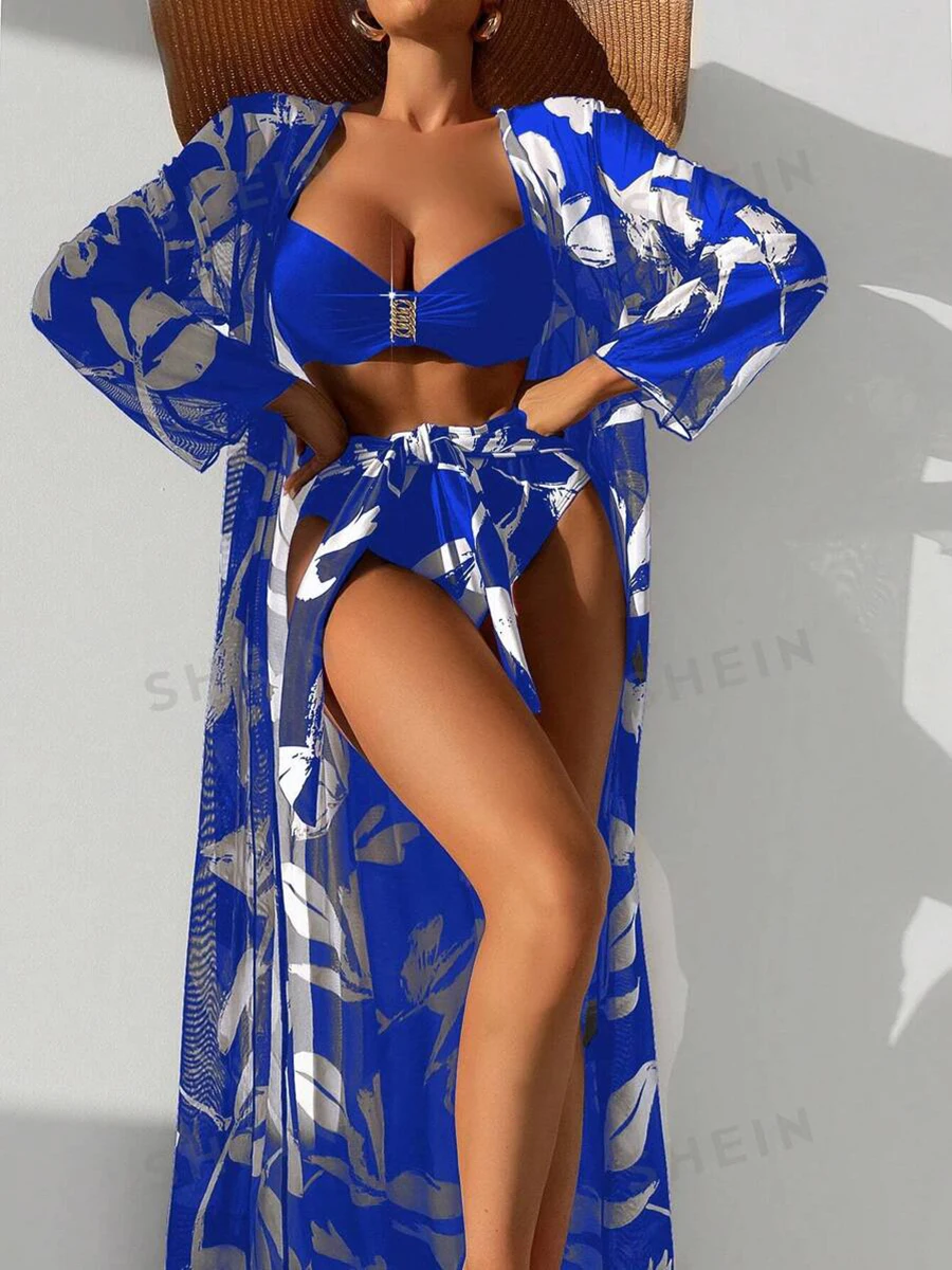 Bikini de cintura alta para mujer, traje de baño de 3 piezas con estampado, Kimono de manga larga, 2024